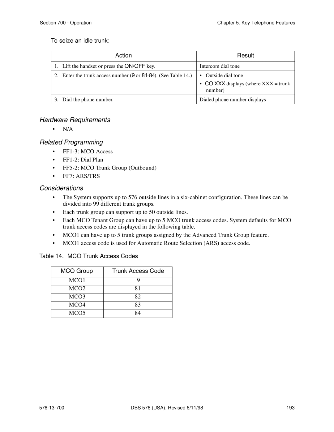 Panasonic 524X07801B manual To seize an idle trunk, MCO Trunk Access Codes 