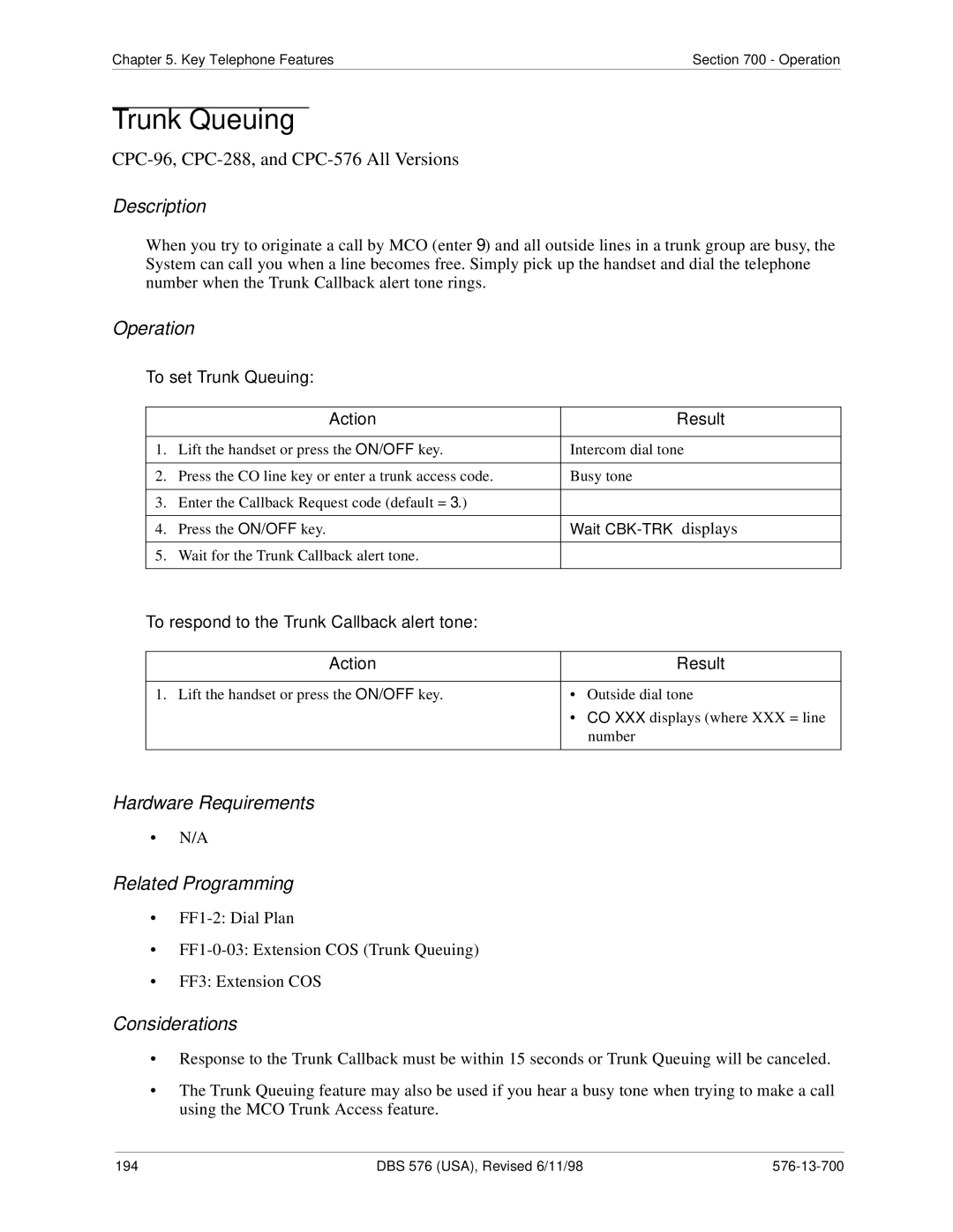 Panasonic 524X07801B manual To set Trunk Queuing, To respond to the Trunk Callback alert tone, Wait CBK-TRK displays 