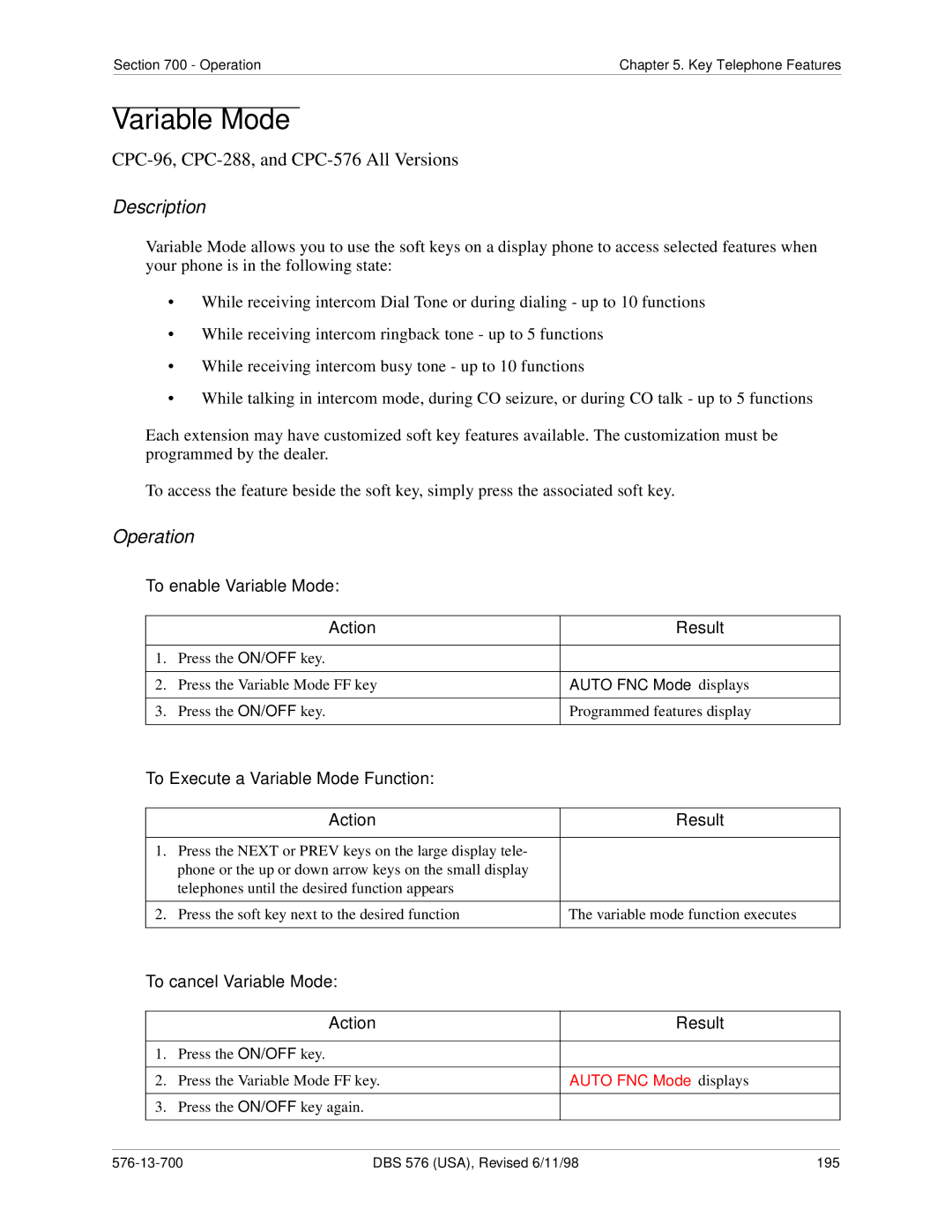 Panasonic 524X07801B manual To enable Variable Mode, To Execute a Variable Mode Function, To cancel Variable Mode 