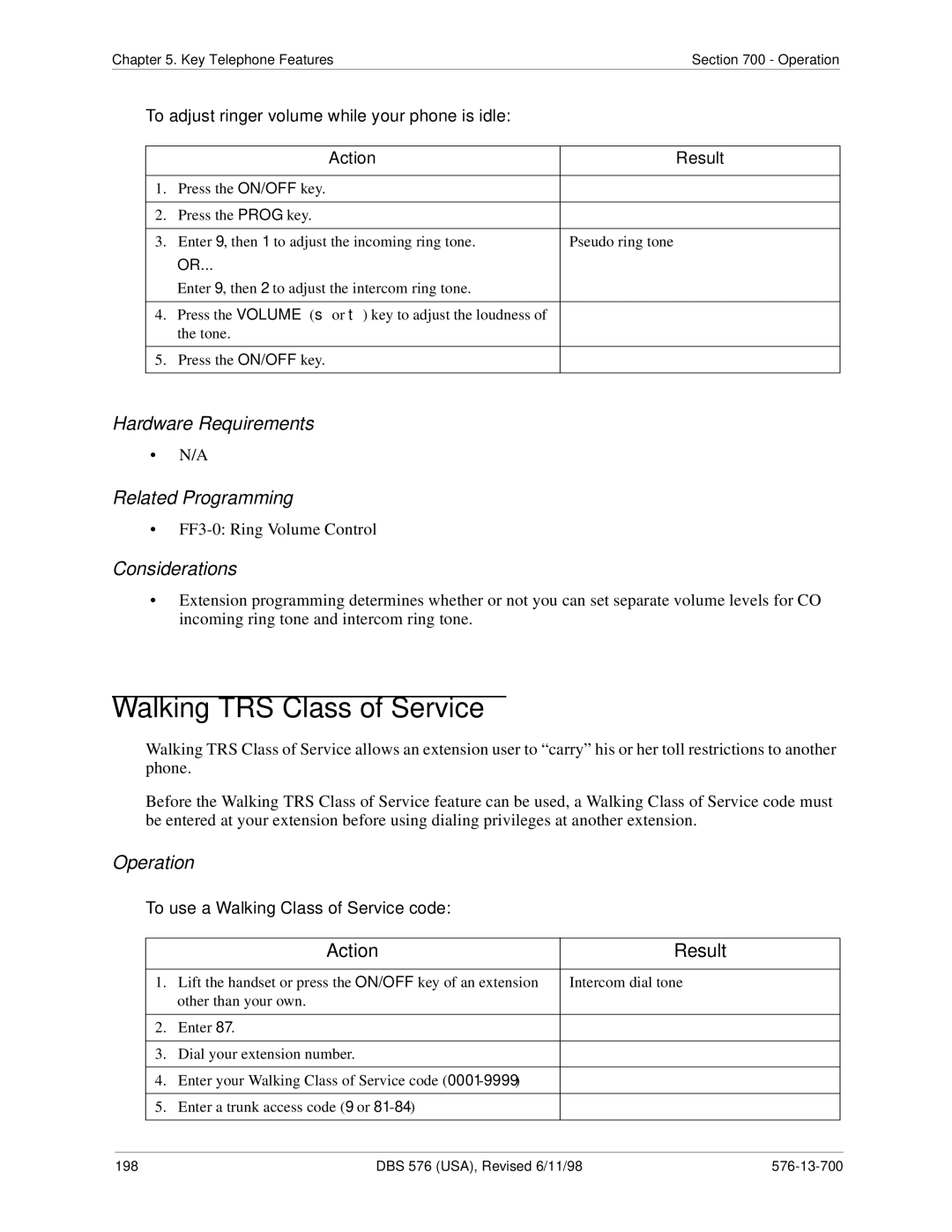 Panasonic 524X07801B manual Walking TRS Class of Service, To adjust ringer volume while your phone is idle 