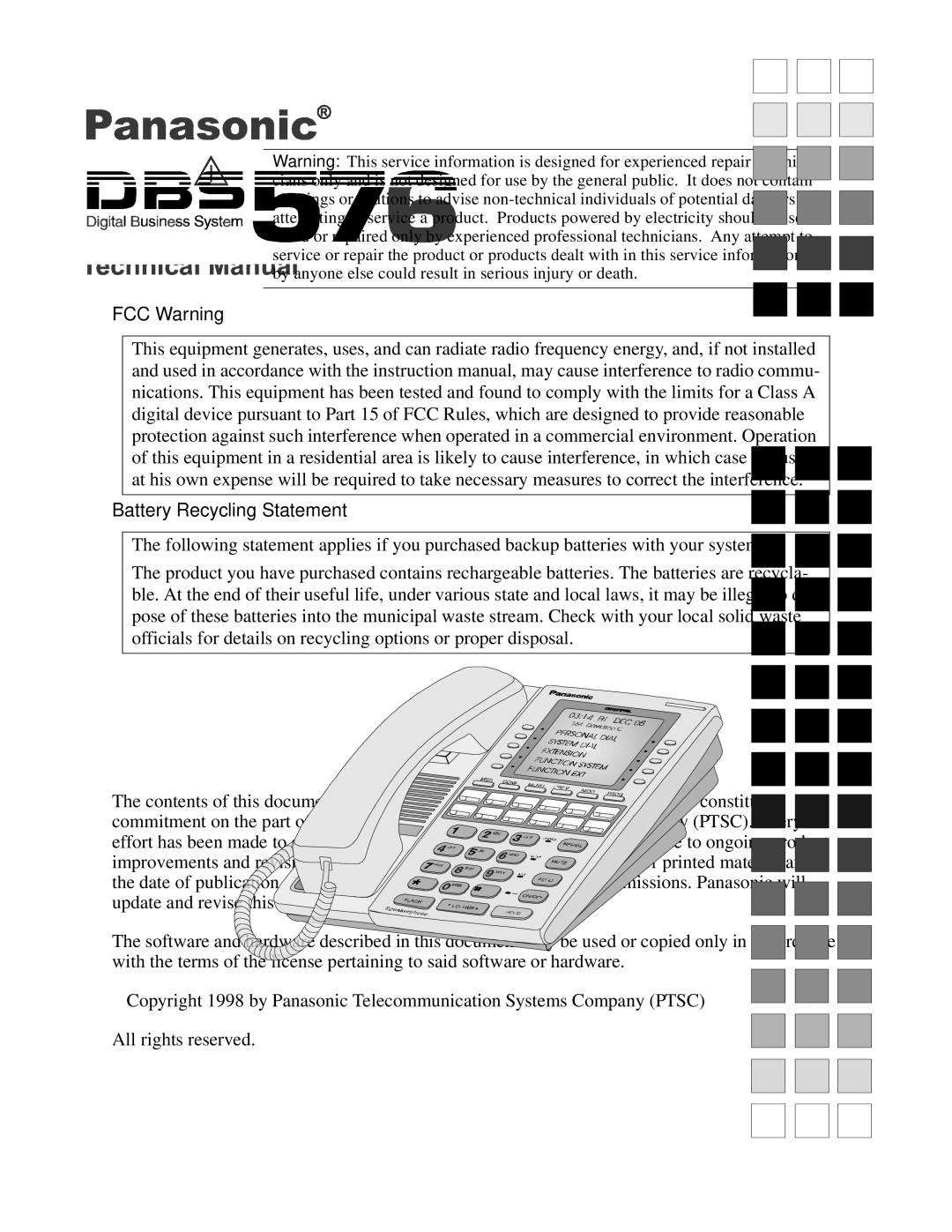 Panasonic 524X07801B manual FCC Warning Battery Recycling Statement 