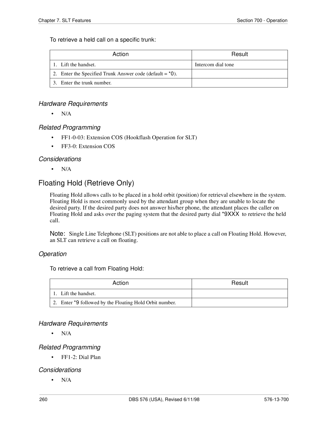 Panasonic 524X07801B manual Floating Hold Retrieve Only, To retrieve a held call on a specific trunk 