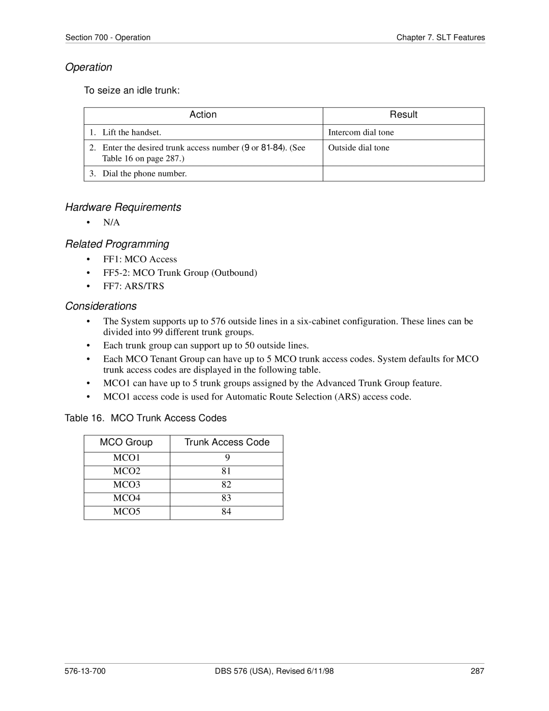 Panasonic 524X07801B manual FF1 MCO Access FF5-2 MCO Trunk Group Outbound 