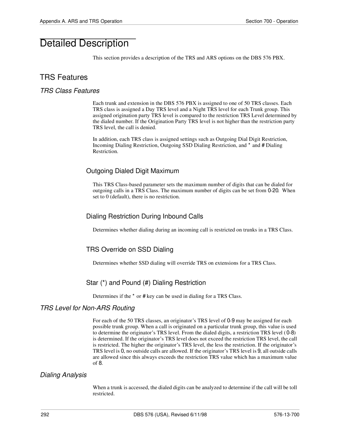 Panasonic 524X07801B manual Detailed Description, TRS Features 