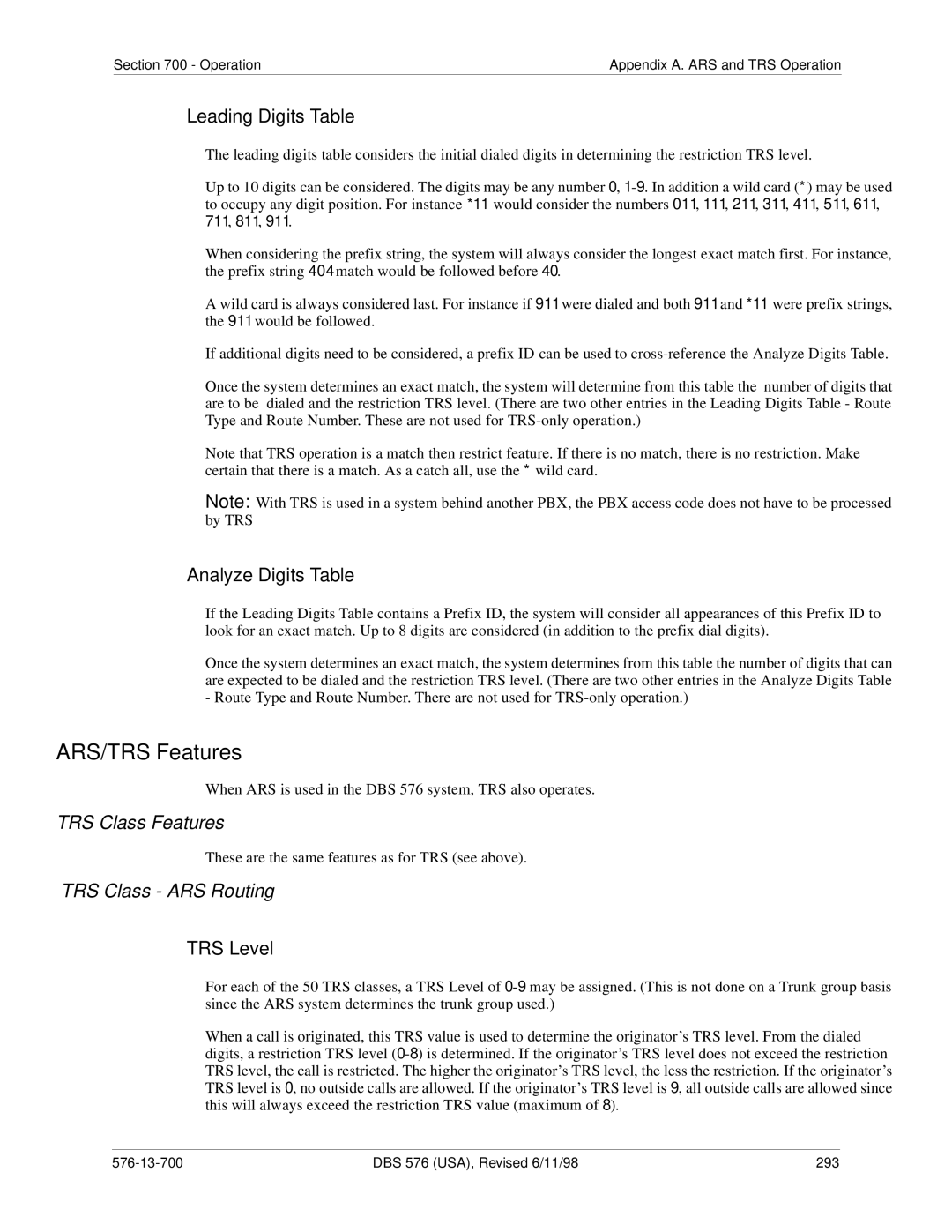 Panasonic 524X07801B manual ARS/TRS Features, Leading Digits Table 