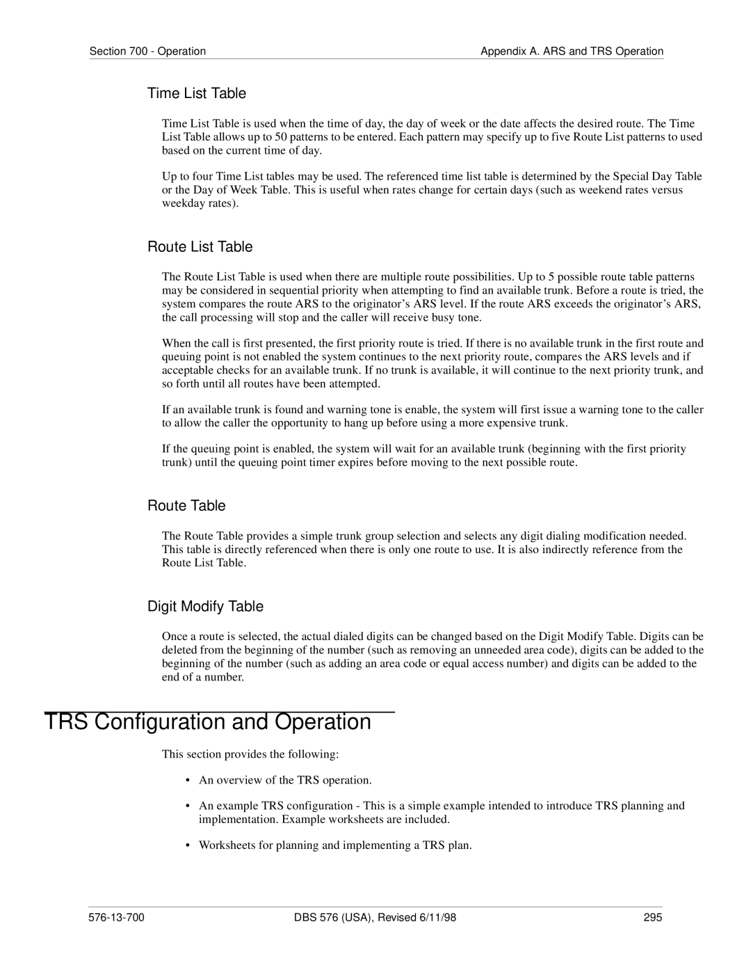 Panasonic 524X07801B manual TRS Configuration and Operation, Time List Table 