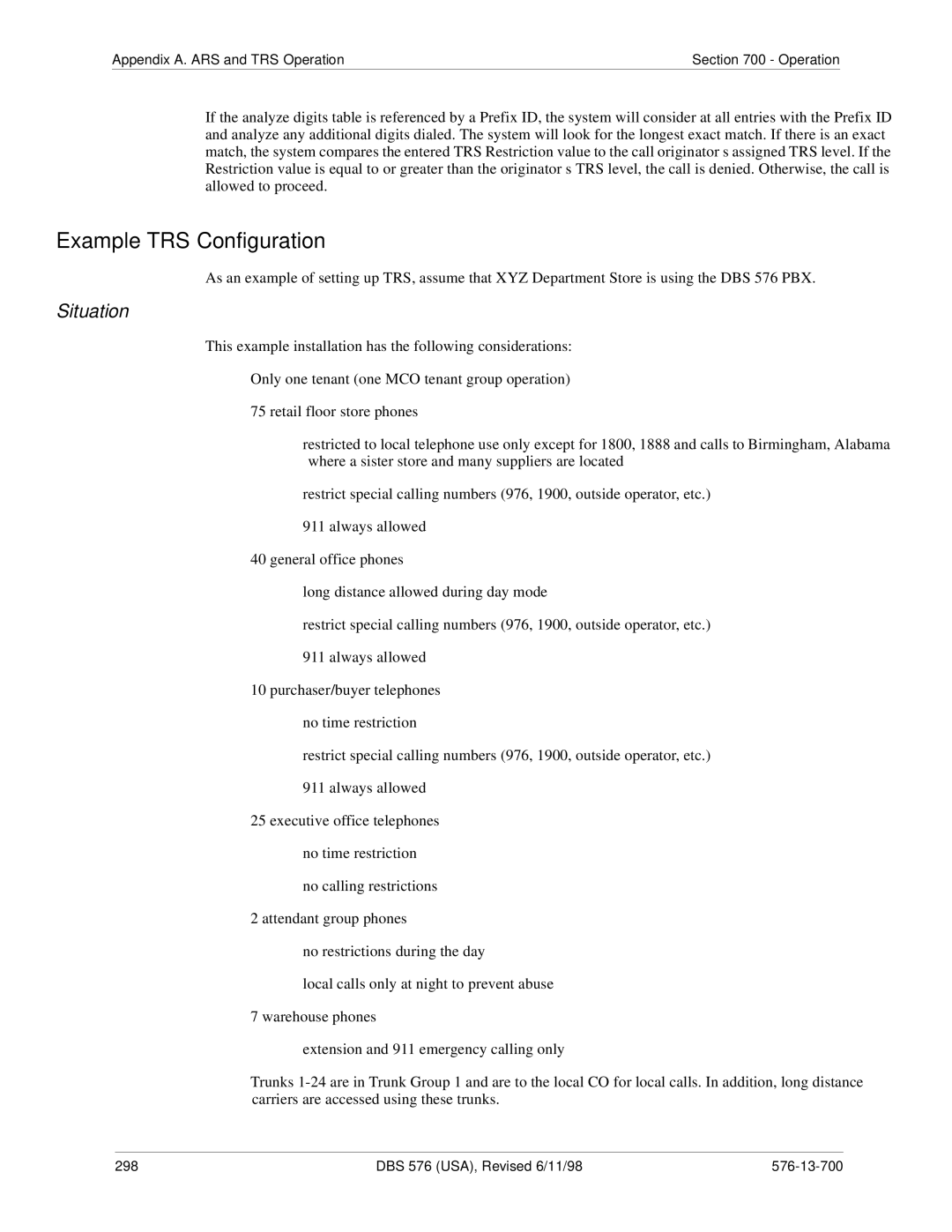 Panasonic 524X07801B manual Example TRS Configuration, Situation 