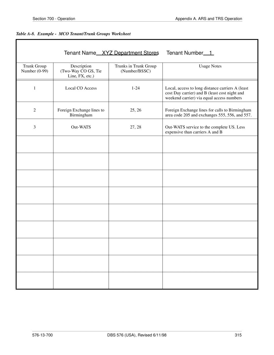 Panasonic 524X07801B manual Table A-8. Example MCO Tenant/Trunk Groups Worksheet 