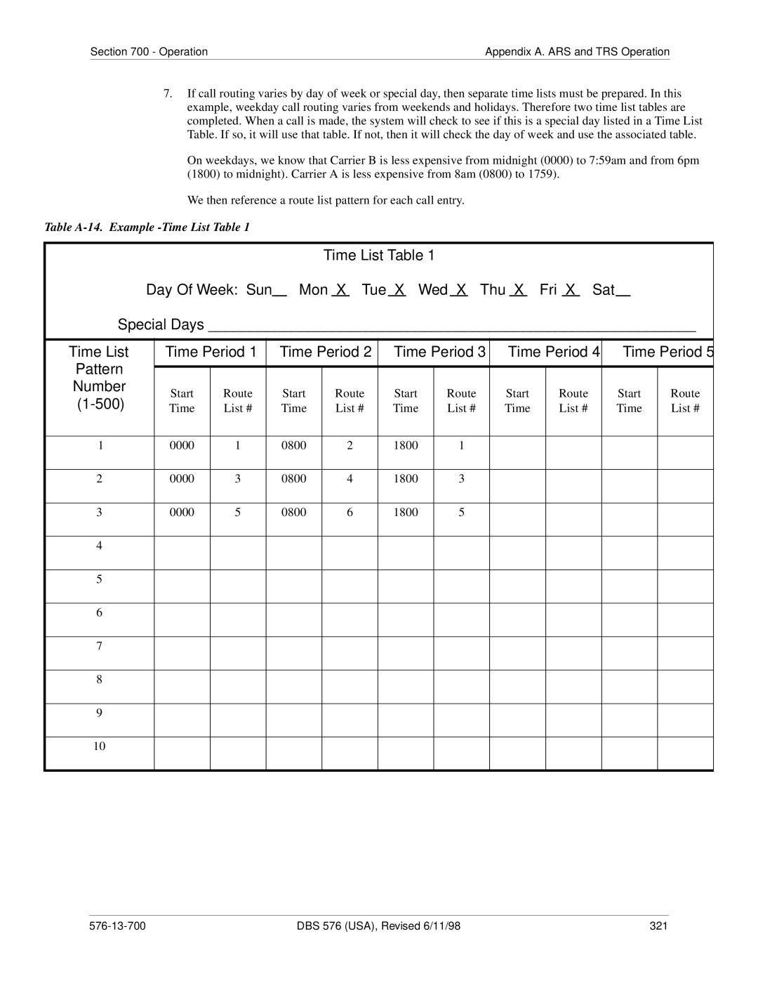 Panasonic 524X07801B manual Time List Table Day Of Week Sun Mon X Tue X Wed Thu Fri Sat 