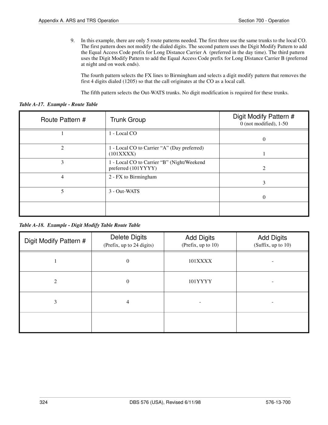 Panasonic 524X07801B manual Route Pattern # Trunk Group Digit Modify Pattern # 