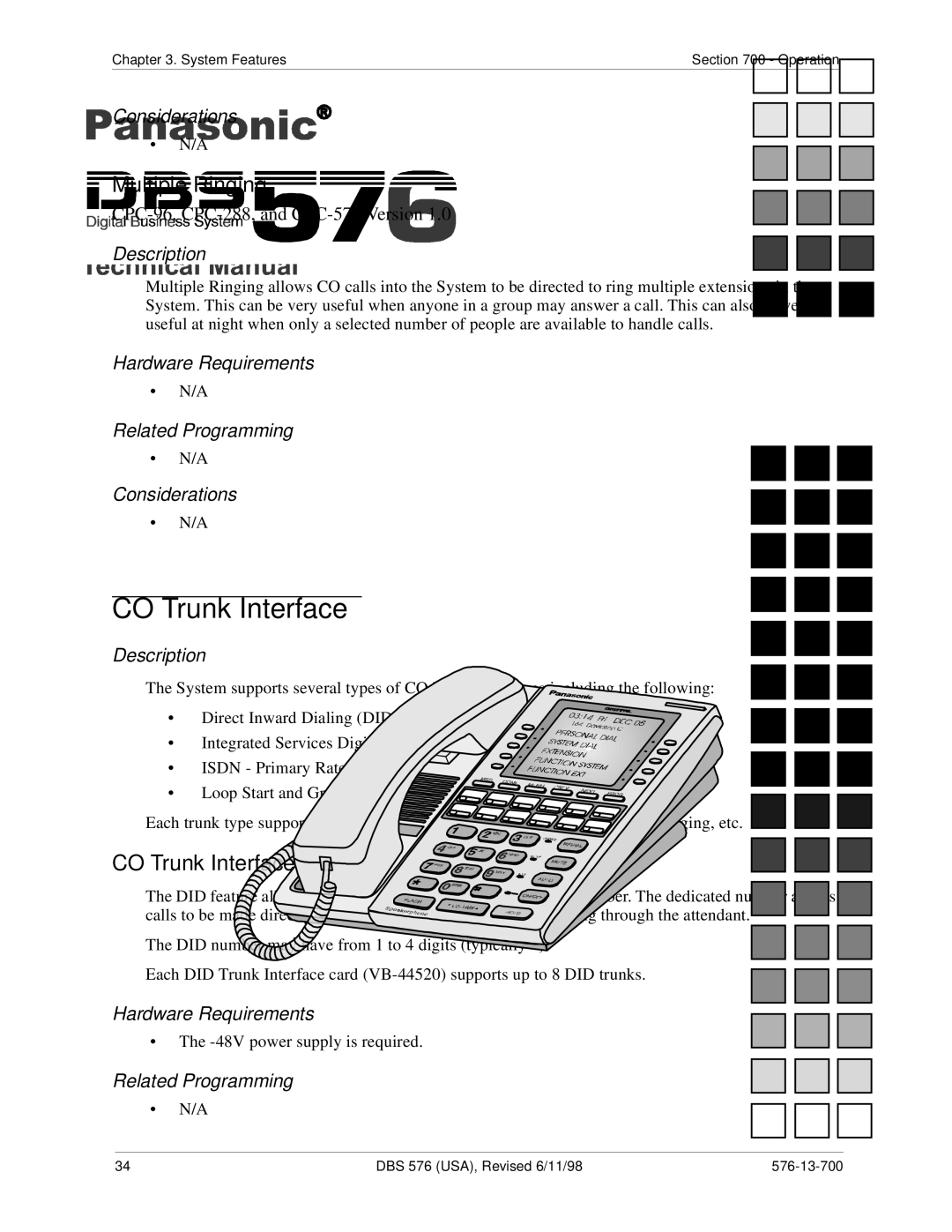 Panasonic 524X07801B manual Multiple Ringing, CO Trunk Interface did 