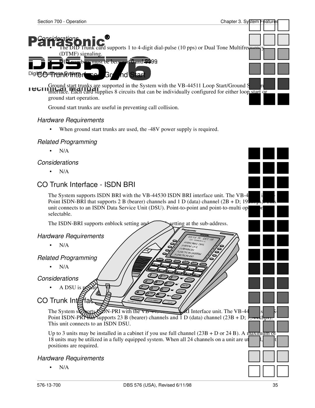 Panasonic 524X07801B manual CO Trunk Interface Ground Start, CO Trunk Interface Isdn BRI, CO Trunk Interface ISDN-PRI 