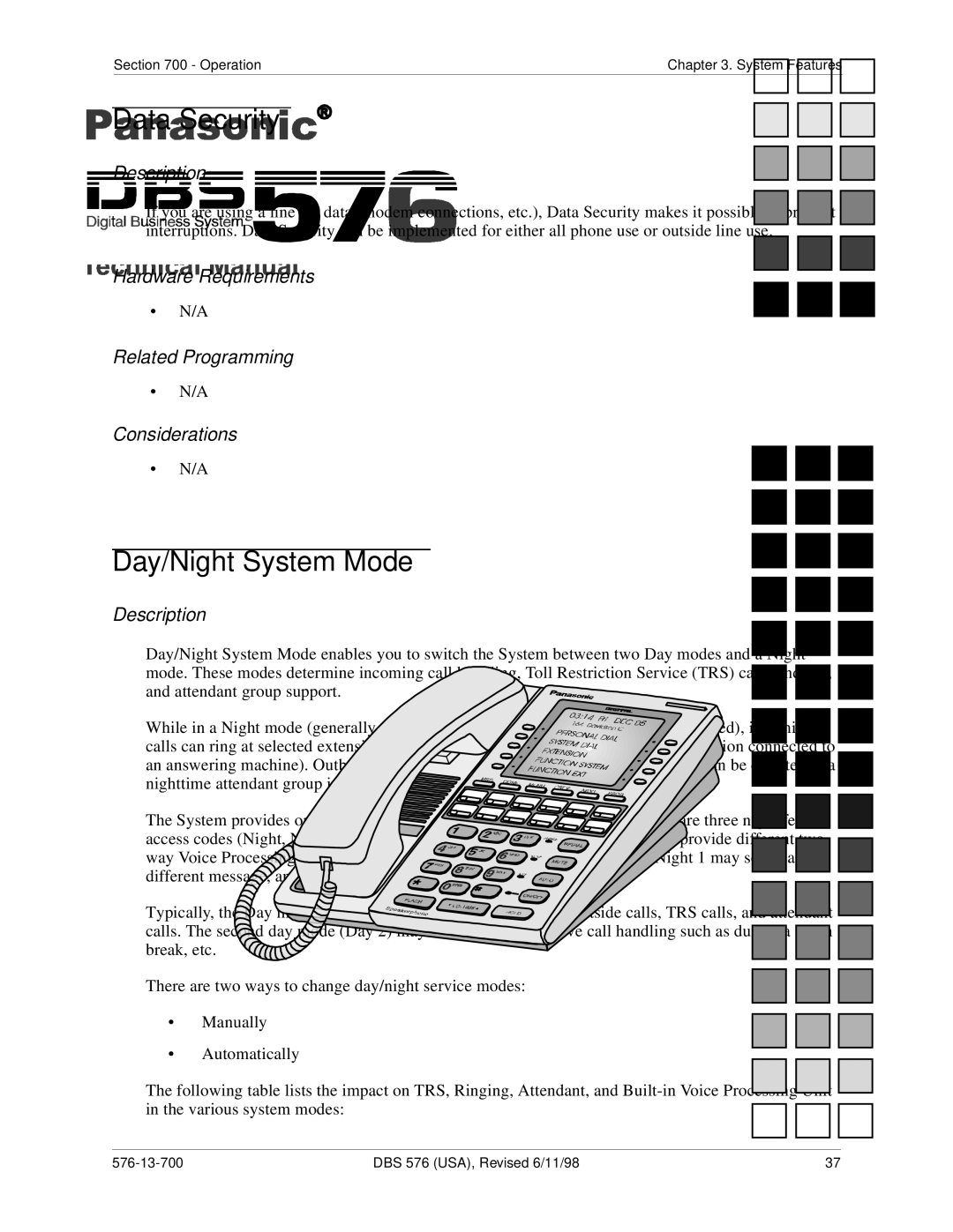 Panasonic 524X07801B manual Data Security, Day/Night System Mode 