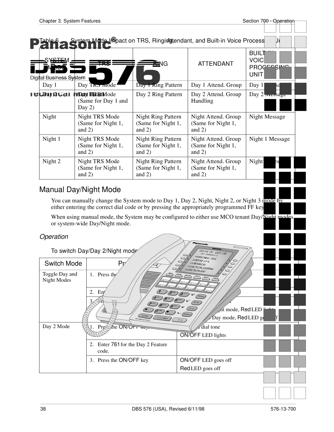 Panasonic 524X07801B manual Manual Day/Night Mode, To switch Day/Day 2/Night modes using Feature Access Codes 