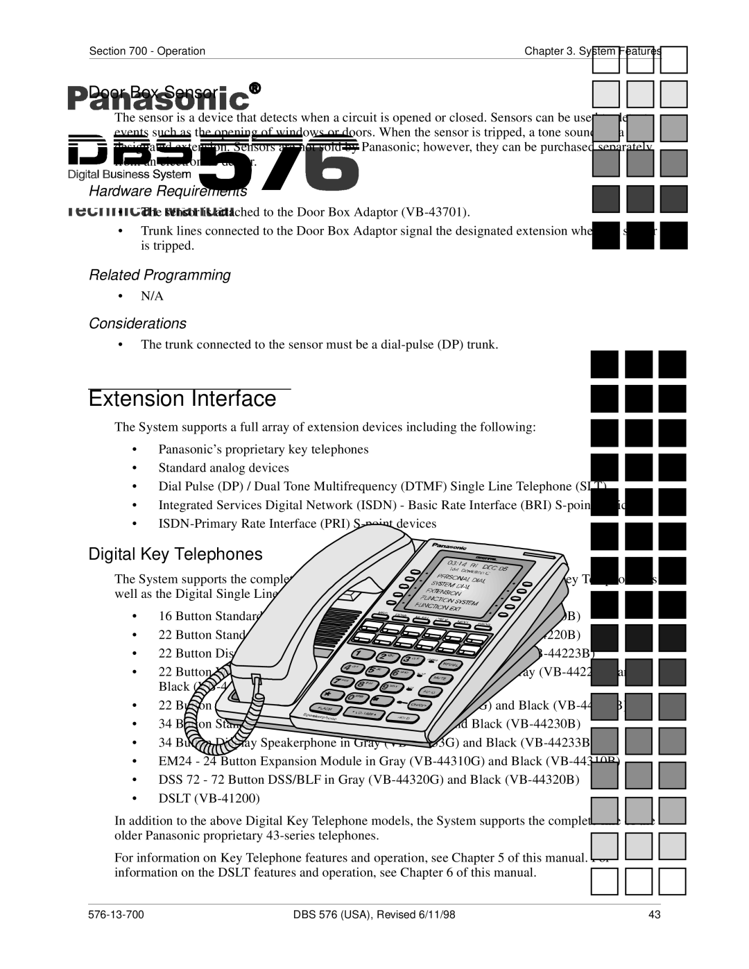 Panasonic 524X07801B manual Extension Interface, Door Box Sensor, Digital Key Telephones 