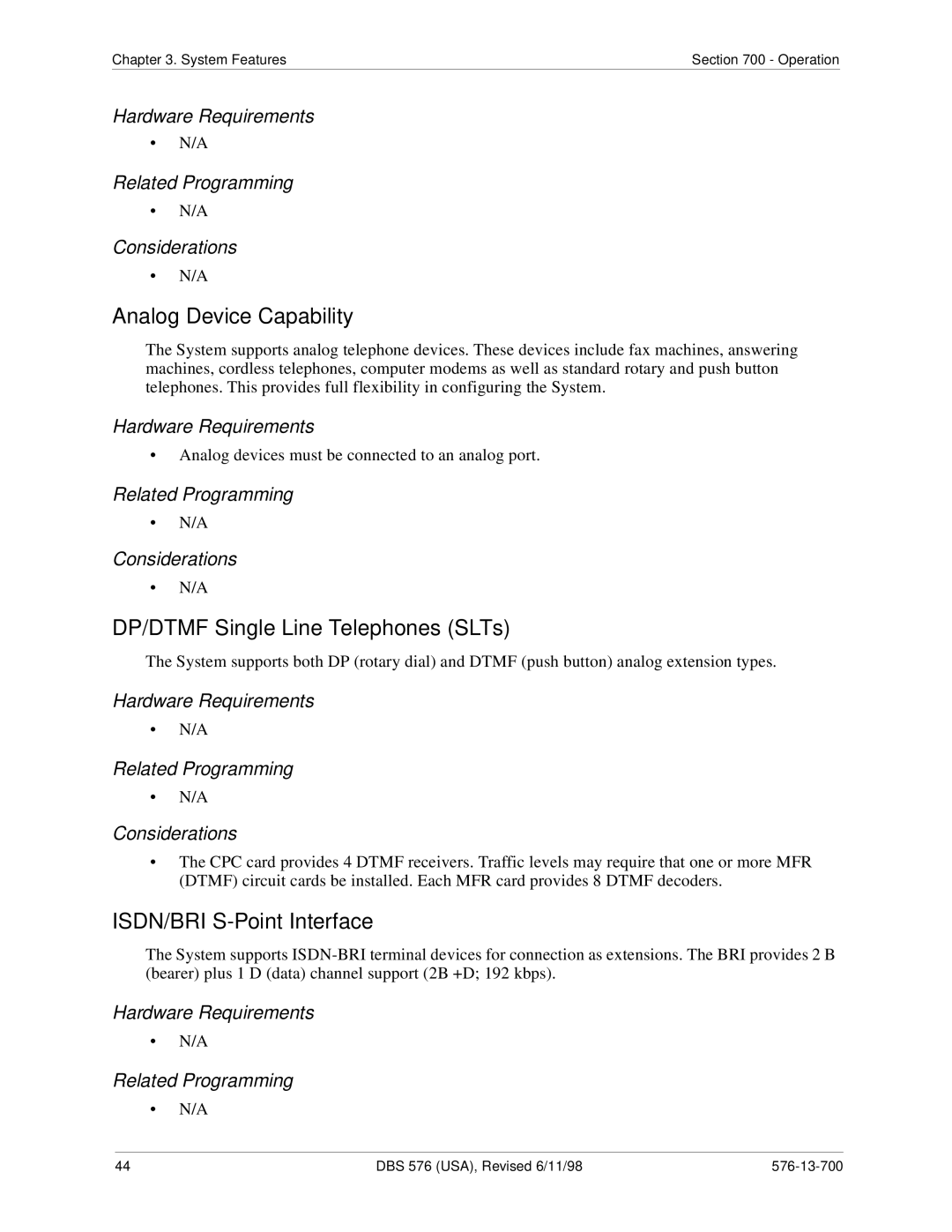 Panasonic 524X07801B manual Analog Device Capability, DP/DTMF Single Line Telephones SLTs, ISDN/BRI S-Point Interface 