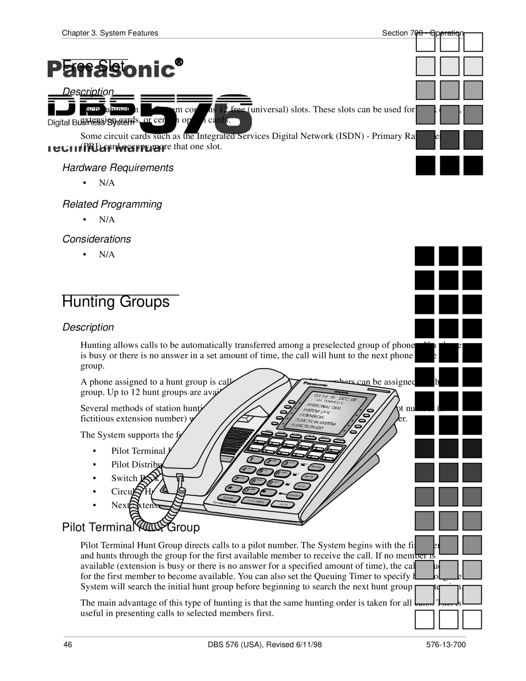 Panasonic 524X07801B manual Free Slot, Hunting Groups, Pilot Terminal Hunt Group 