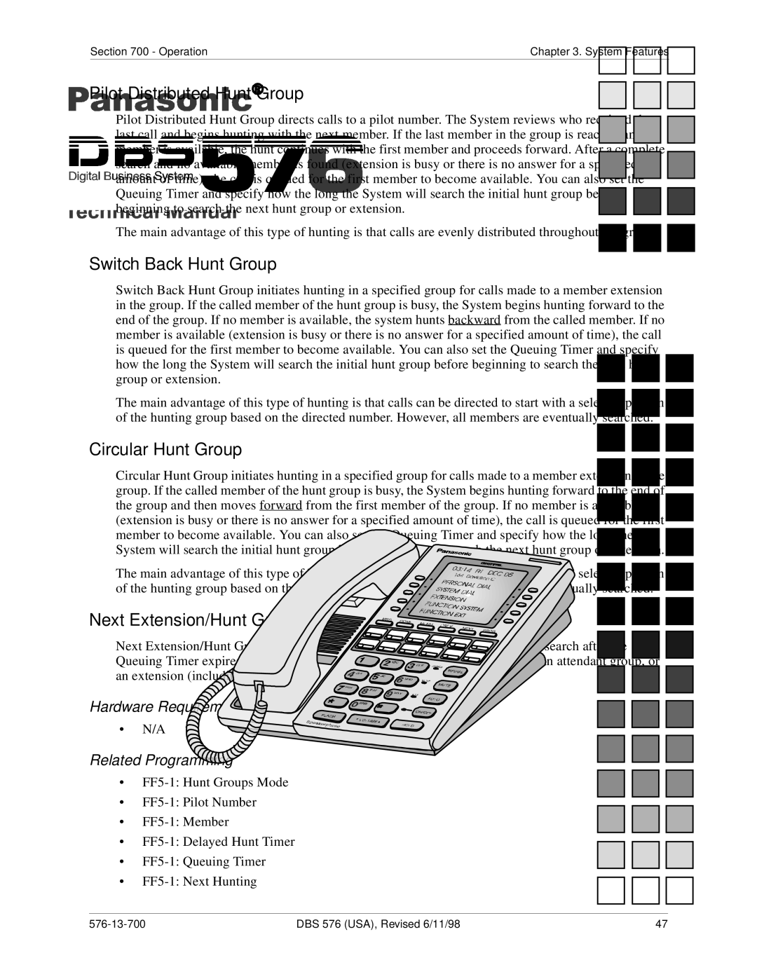 Panasonic 524X07801B Pilot Distributed Hunt Group, Switch Back Hunt Group, Circular Hunt Group, Next Extension/Hunt Group 