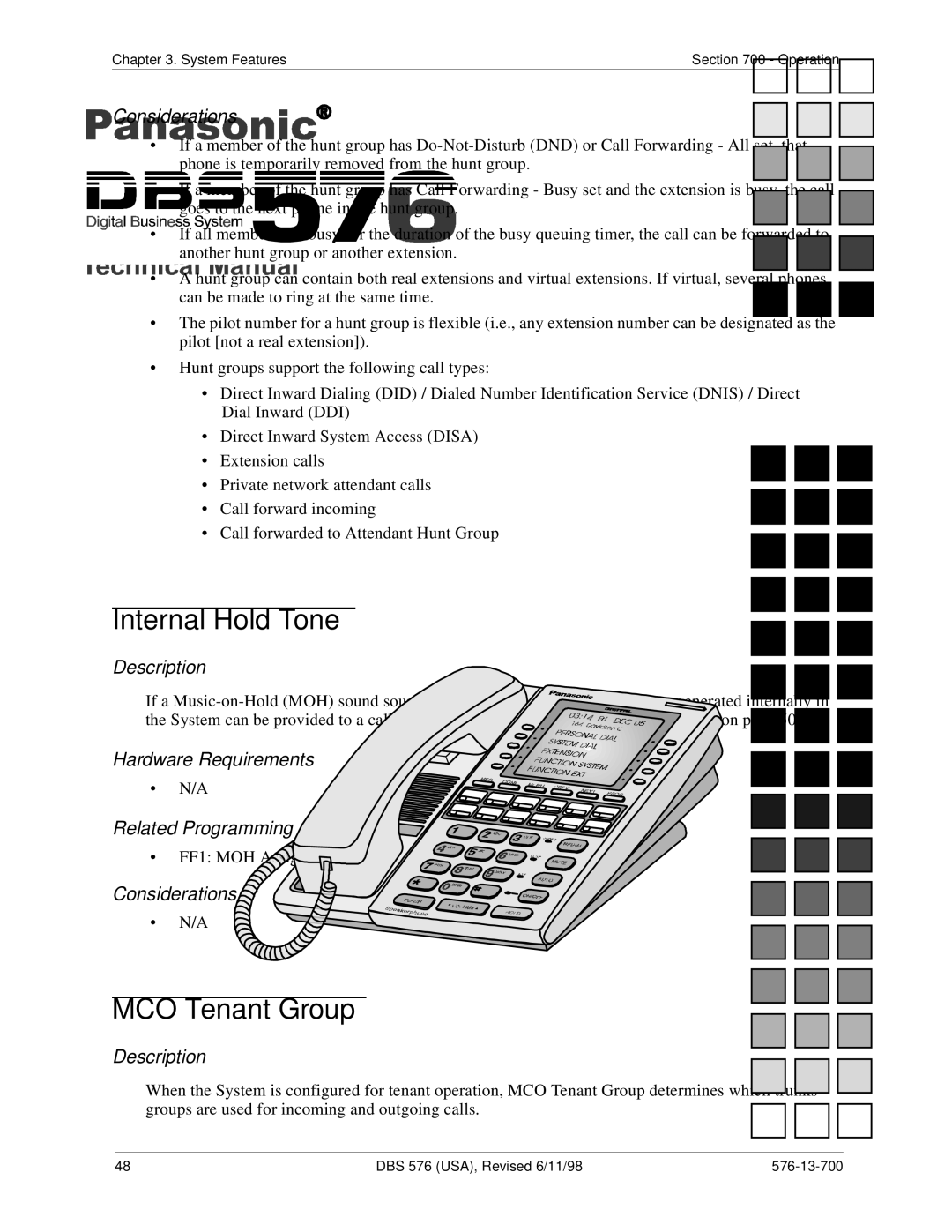 Panasonic 524X07801B manual Internal Hold Tone, MCO Tenant Group 