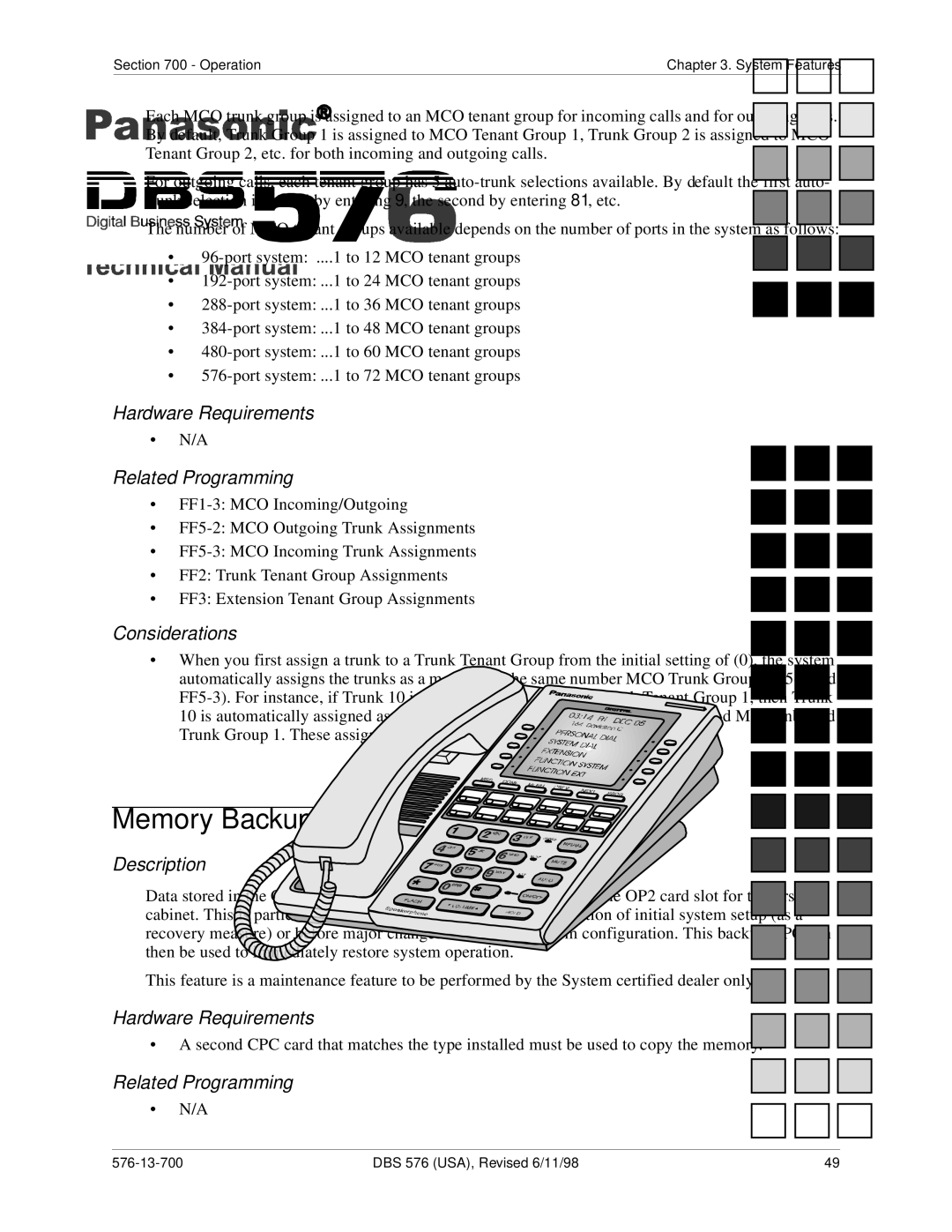 Panasonic 524X07801B manual Memory Backup 