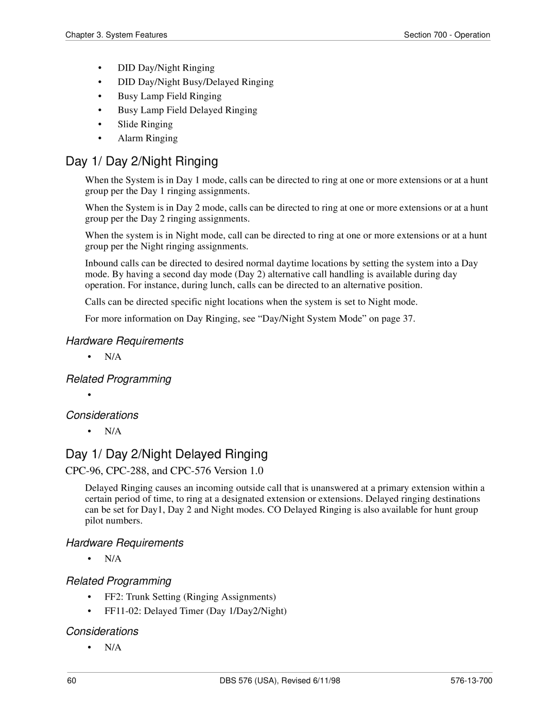 Panasonic 524X07801B manual Day 1/ Day 2/Night Ringing, Day 1/ Day 2/Night Delayed Ringing 