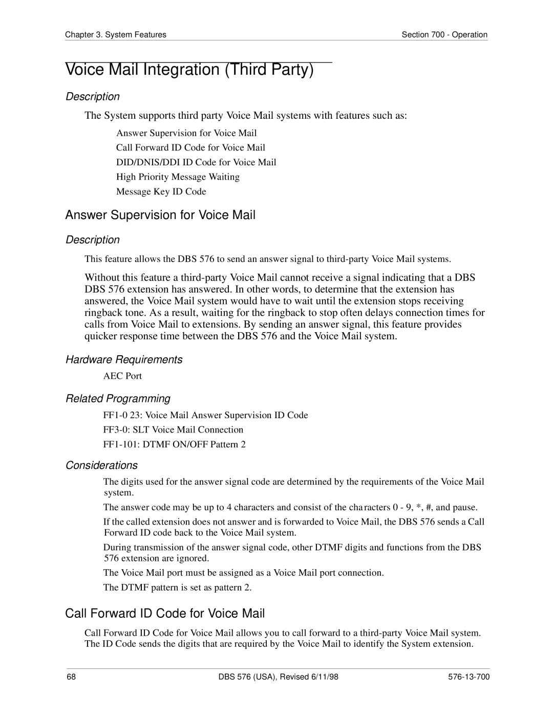 Panasonic 524X07801B manual Voice Mail Integration Third Party, Answer Supervision for Voice Mail 