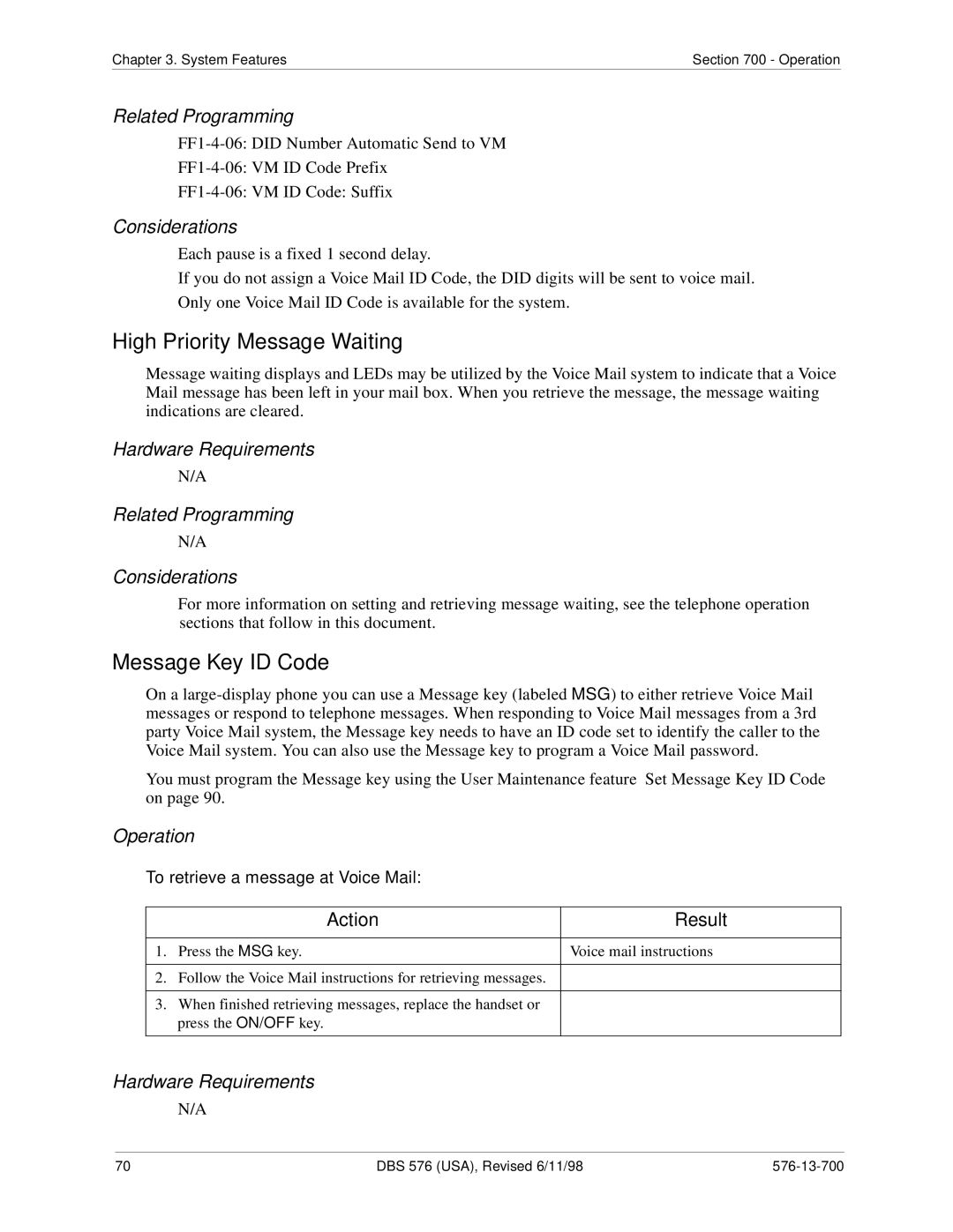 Panasonic 524X07801B manual High Priority Message Waiting, Message Key ID Code, To retrieve a message at Voice Mail 