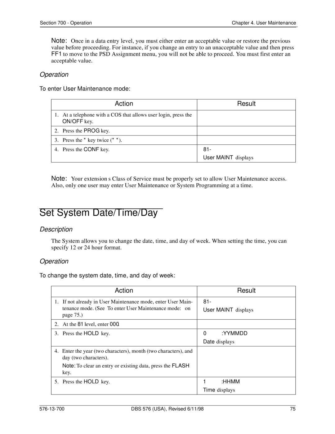 Panasonic 524X07801B manual Set System Date/Time/Day, To enter User Maintenance mode, User Maint displays 