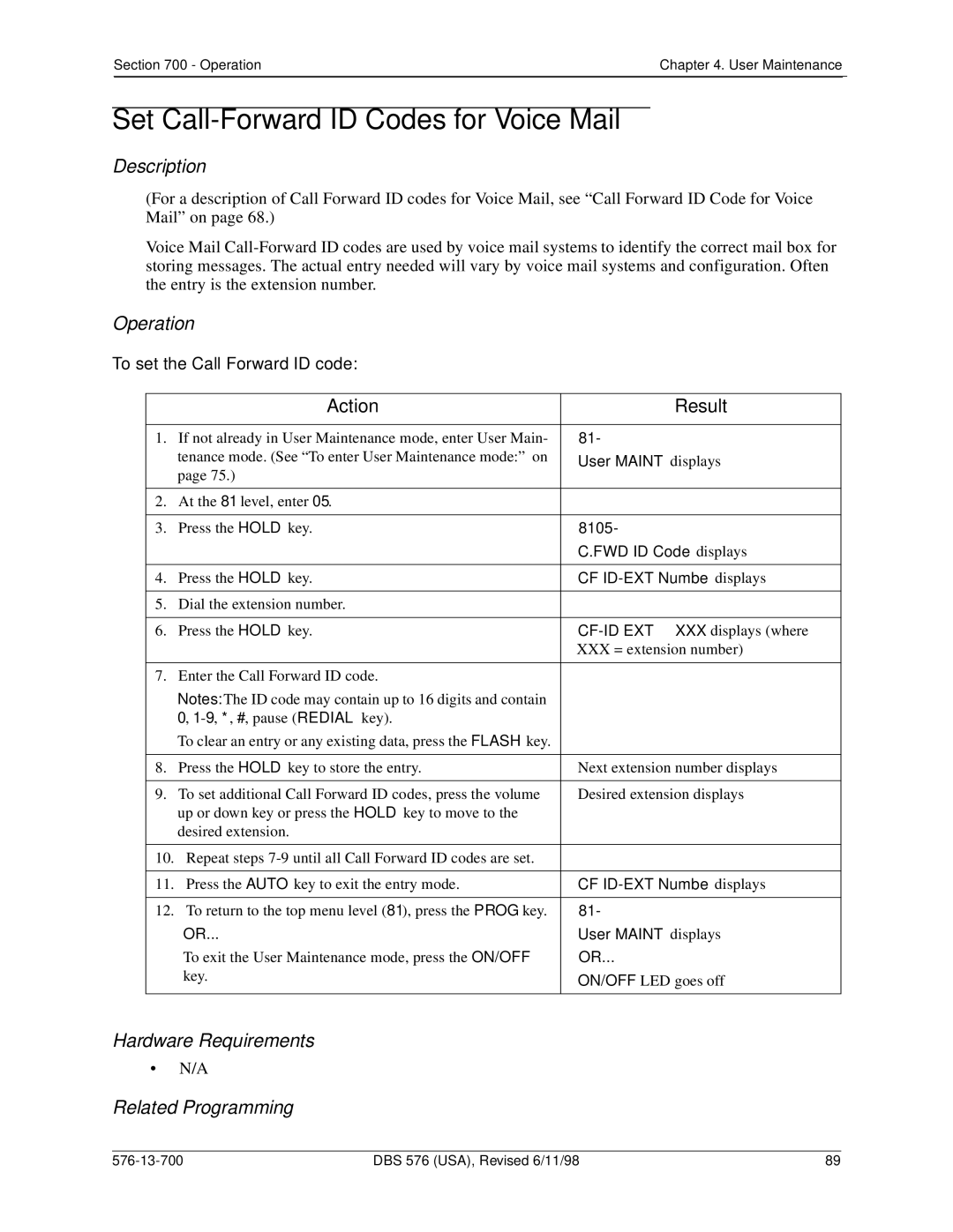 Panasonic 524X07801B Set Call-Forward ID Codes for Voice Mail, To set the Call Forward ID code, 8105, FWD ID Code displays 