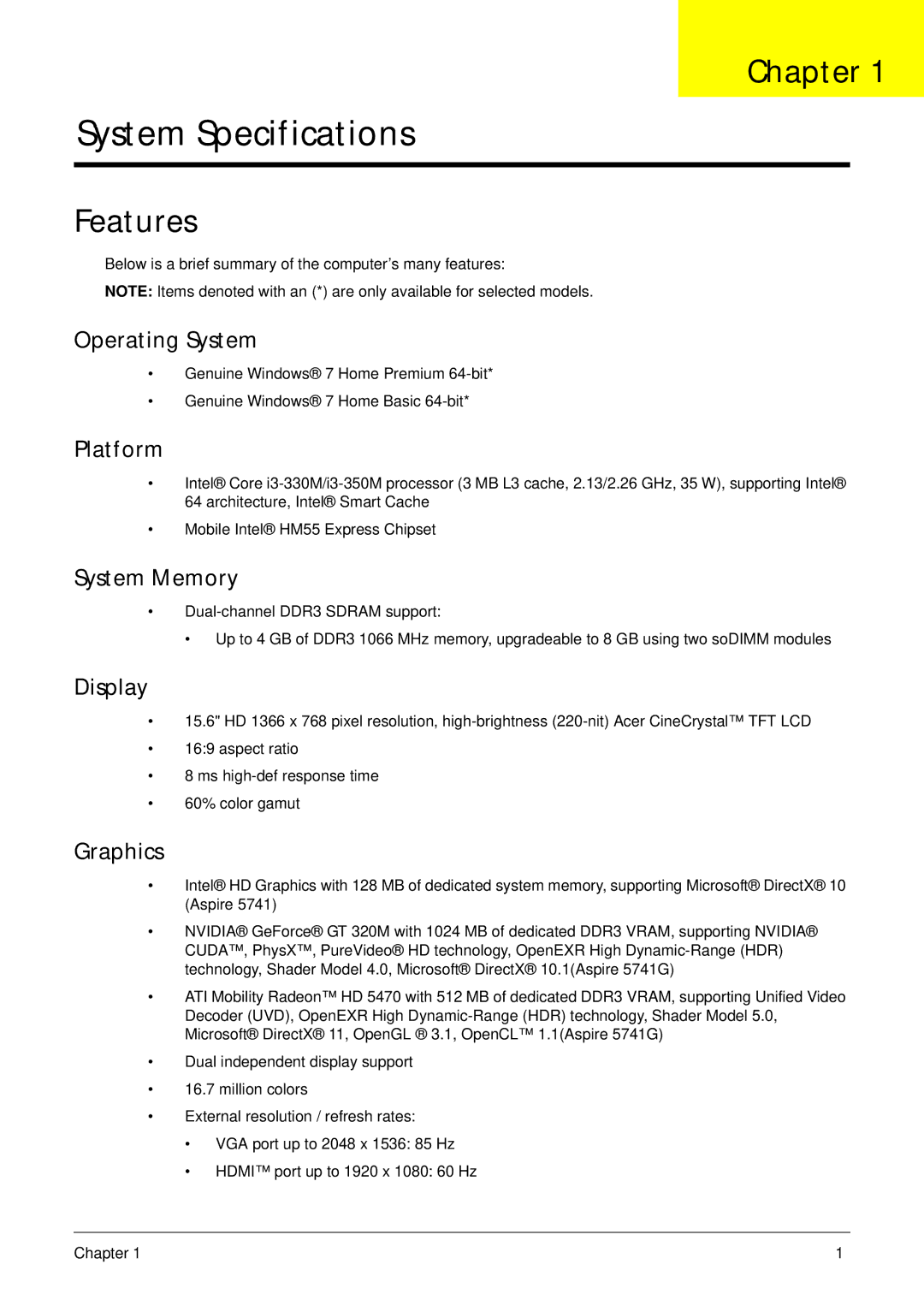 Panasonic 5741G manual Chapter, Features 