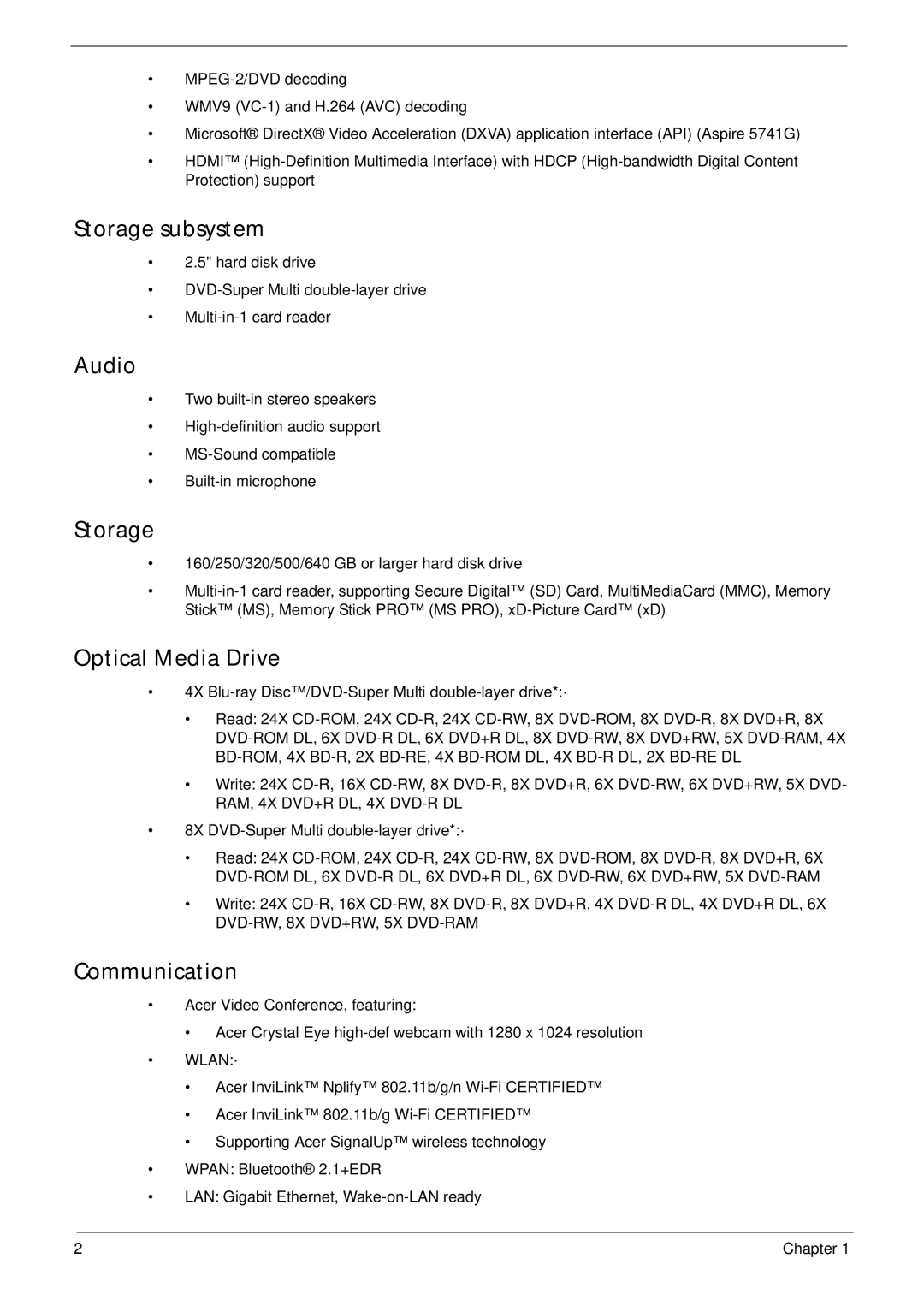 Panasonic 5741G manual Storage subsystem, Audio, Optical Media Drive, Communication 