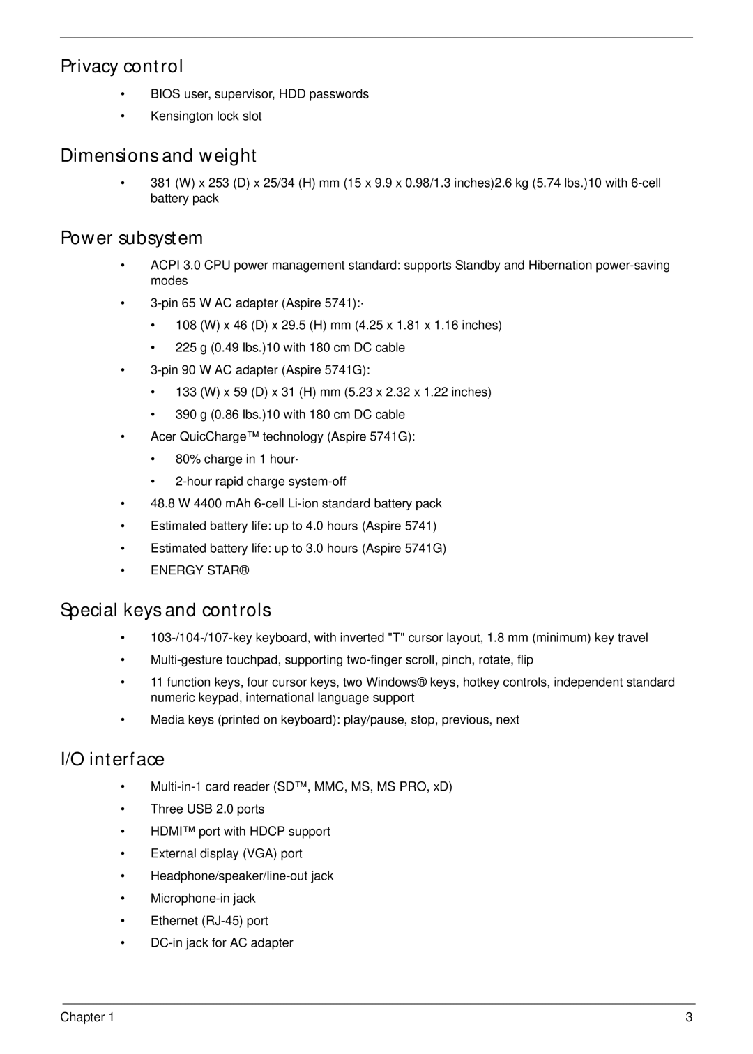 Panasonic 5741G manual Privacy control, Dimensions and weight, Power subsystem, Special keys and controls, Interface 