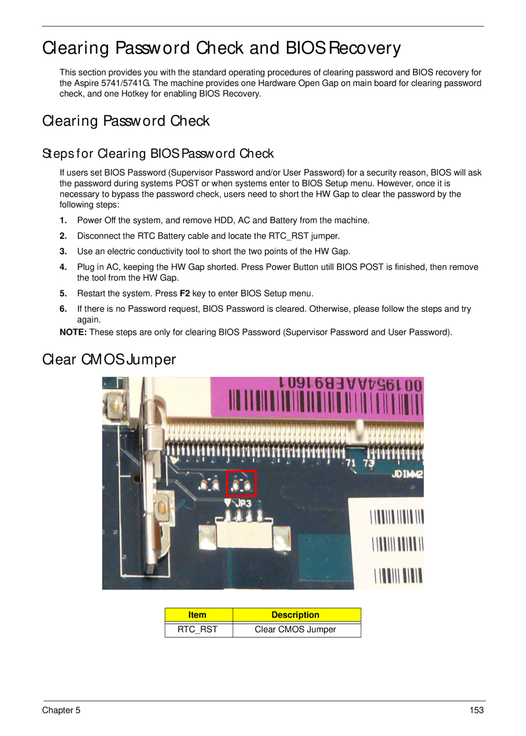 Panasonic 5741G manual Clearing Password Check and Bios Recovery, Clear Cmos Jumper, Steps for Clearing Bios Password Check 