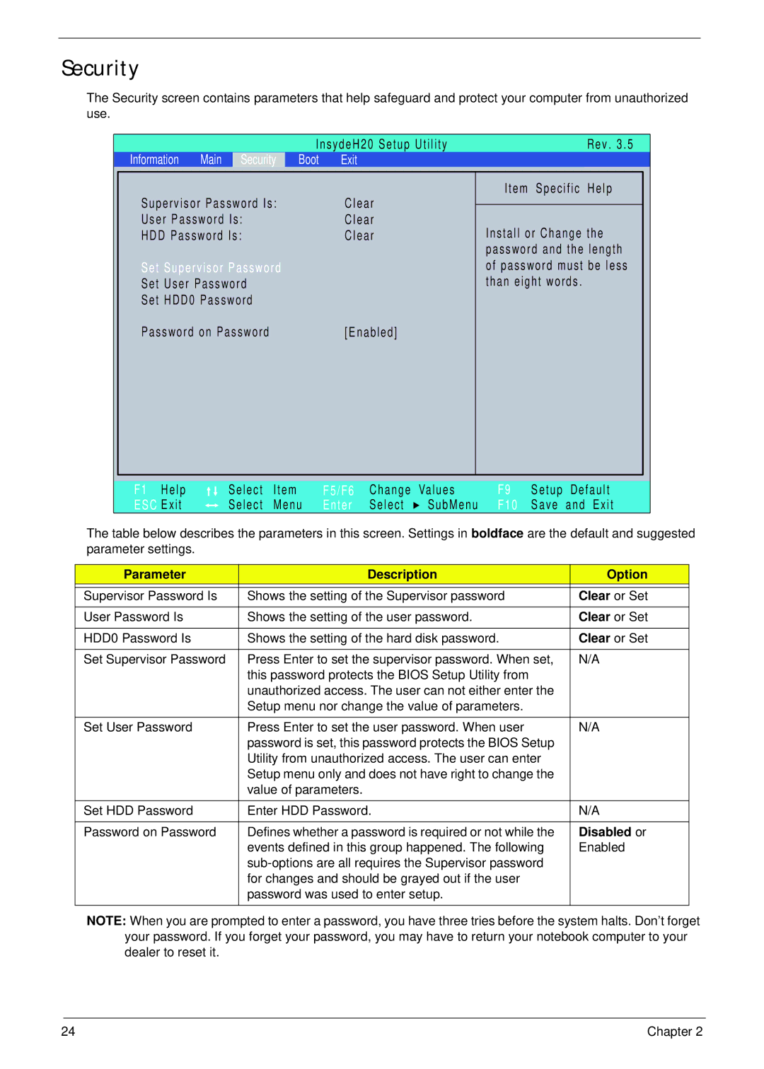 Panasonic 5741G manual Security, Parameter Description Option, Clear or Set, Disabled or 