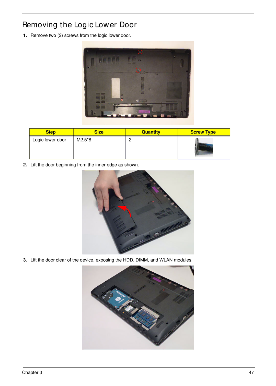 Panasonic 5741G manual Removing the Logic Lower Door, Step Size Quantity Screw Type Logic lower door M2.5*8 