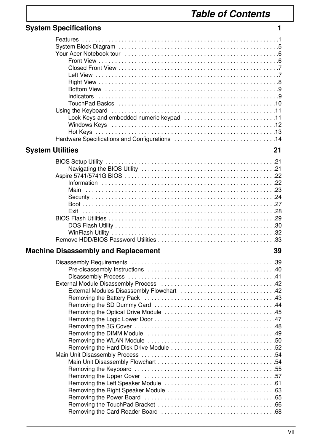 Panasonic 5741G manual Table of Contents 