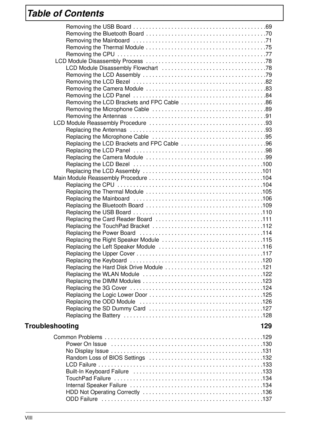 Panasonic 5741G manual Troubleshooting 129, Viii 