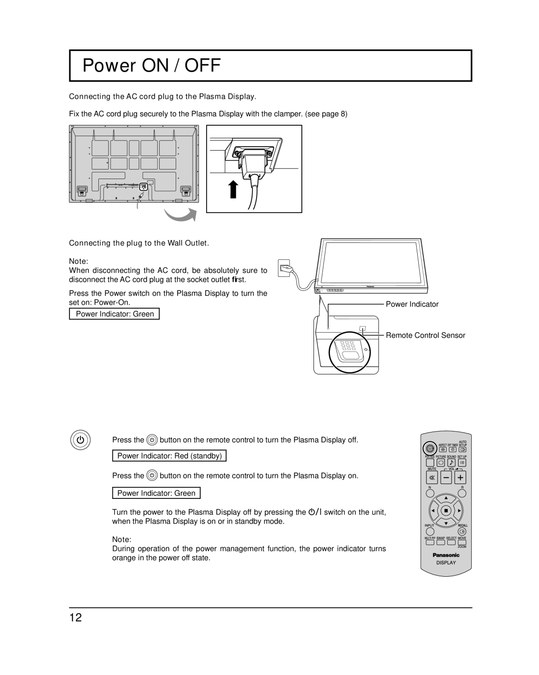 Panasonic 58PF12UK operating instructions Power on / OFF, Connecting the AC cord plug to the Plasma Display 