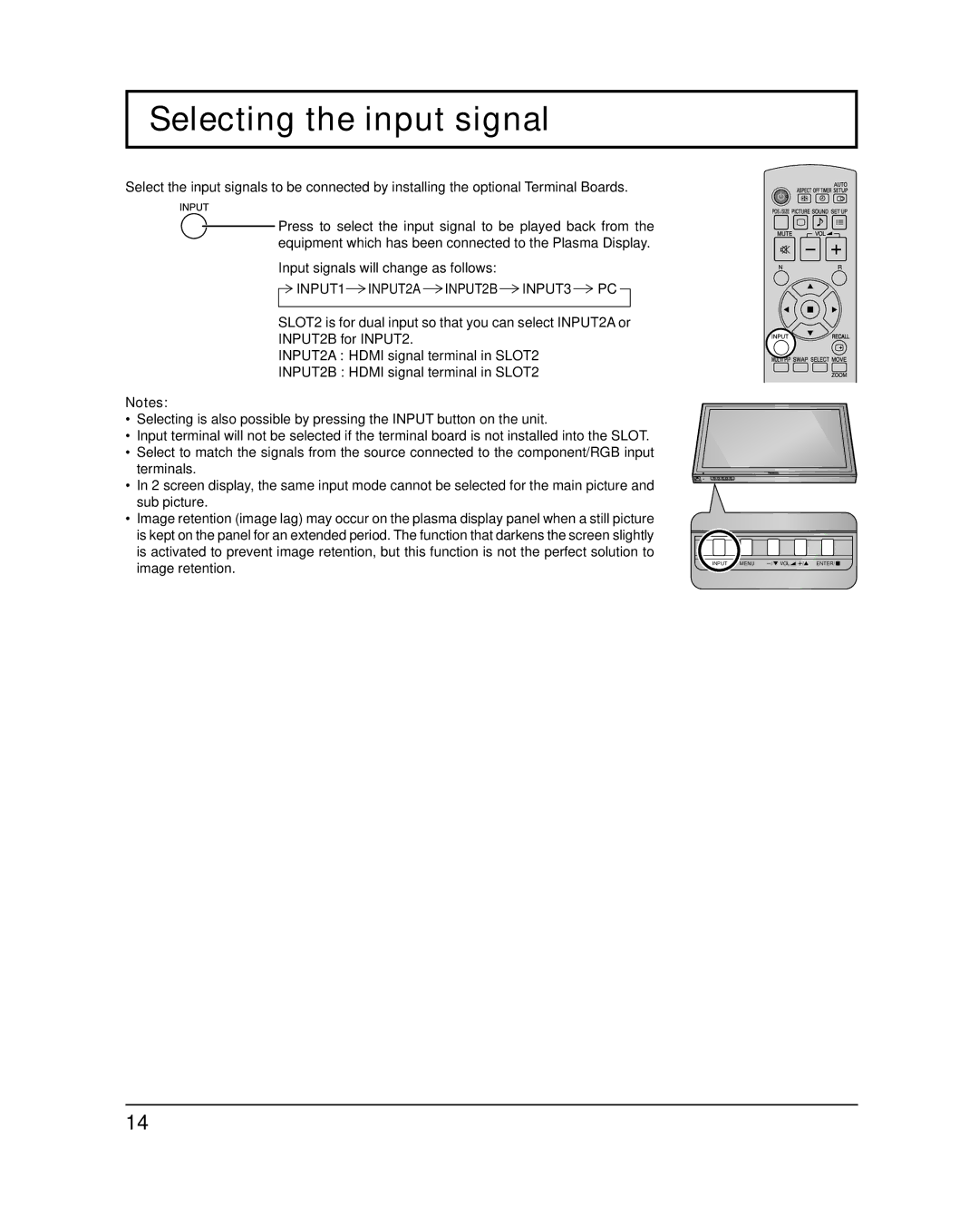 Panasonic 58PF12UK operating instructions Selecting the input signal, INPUT1 INPUT2A INPUT2B INPUT3 PC 