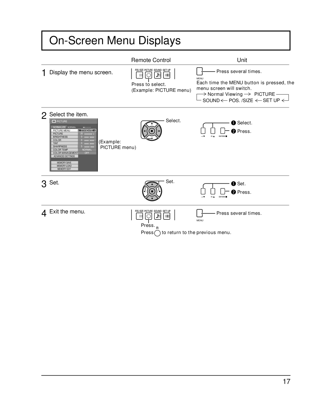 Panasonic 58PF12UK On-Screen Menu Displays, Remote Control Unit Display the menu screen, Select the item, Set 