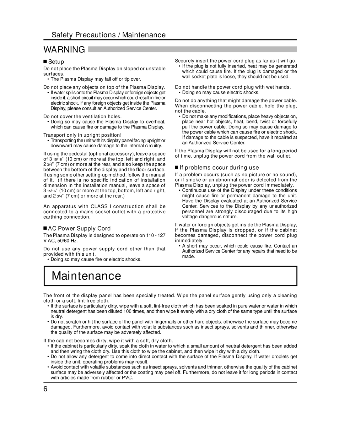 Panasonic 58PF12UK Safety Precautions / Maintenance, Setup, AC Power Supply Cord, If problems occur during use 