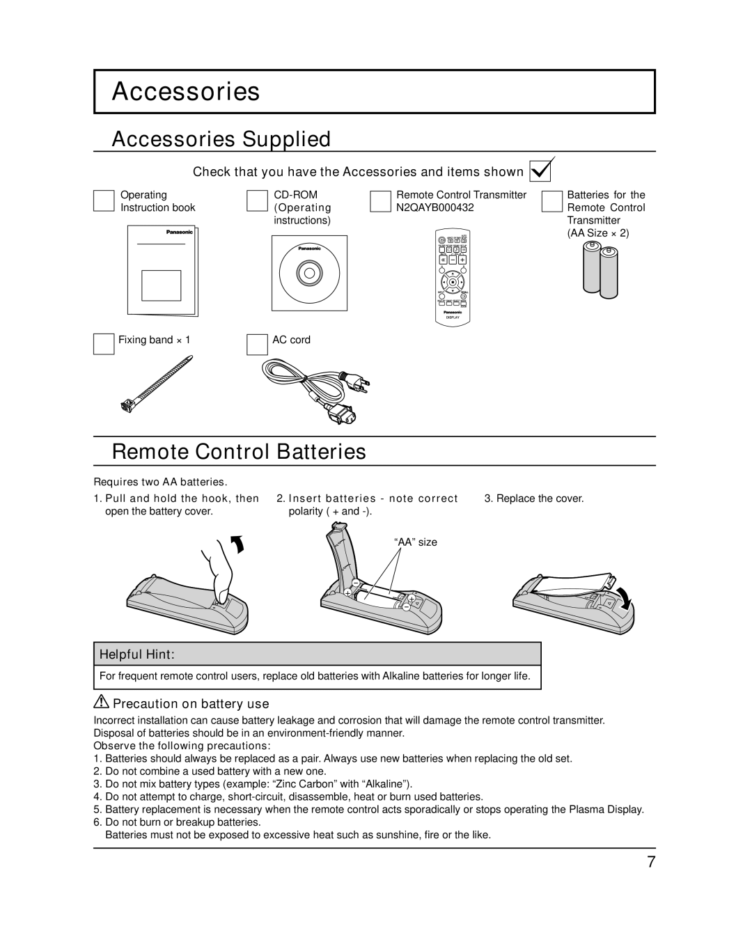 Panasonic 58PF12UK operating instructions Accessories Supplied, Remote Control Batteries 