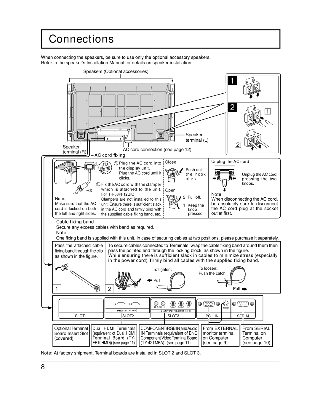 Panasonic 58PF12UK operating instructions Connections, AC cord ﬁxing, Cable ﬁxing band 