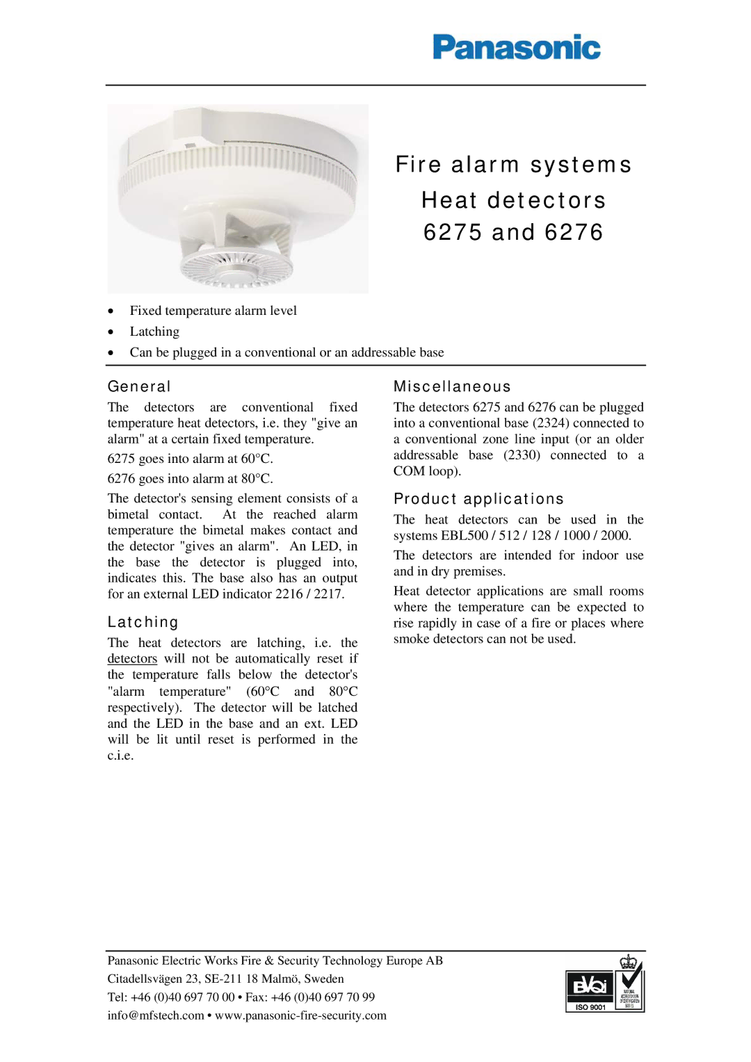 Panasonic 6276 manual Fire alarm systems Heat detectors 6275, General, Latching, Miscellaneous, Product applications 