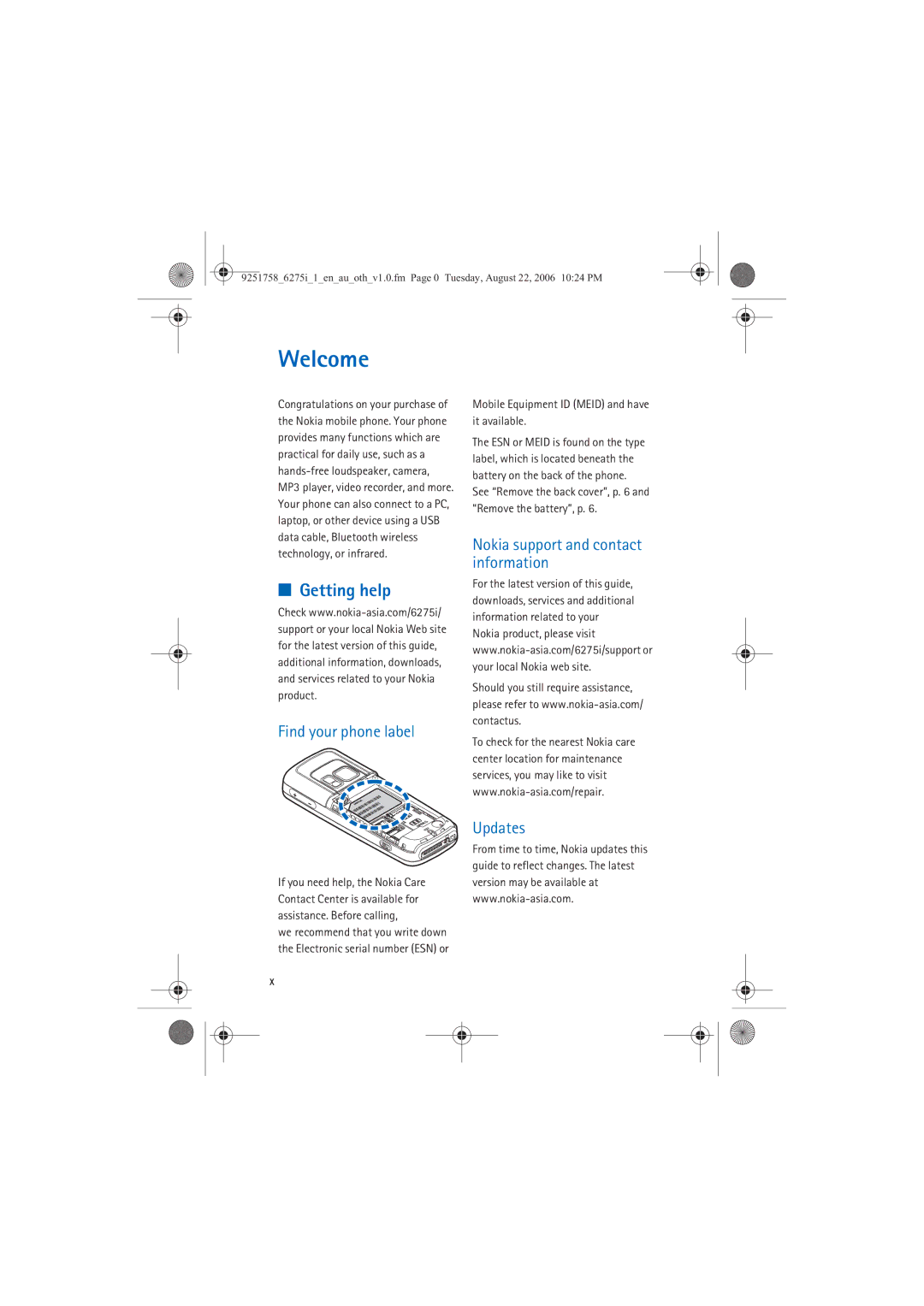 Panasonic 6275I manual Welcome, Getting help, Find your phone label, Nokia support and contact information Updates 