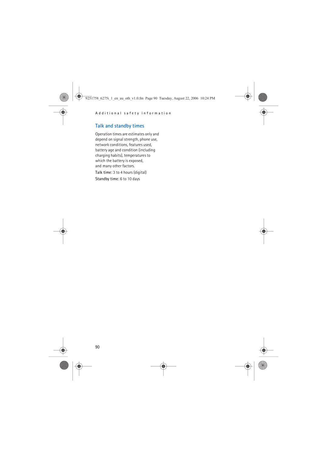 Panasonic 6275I manual Talk and standby times 