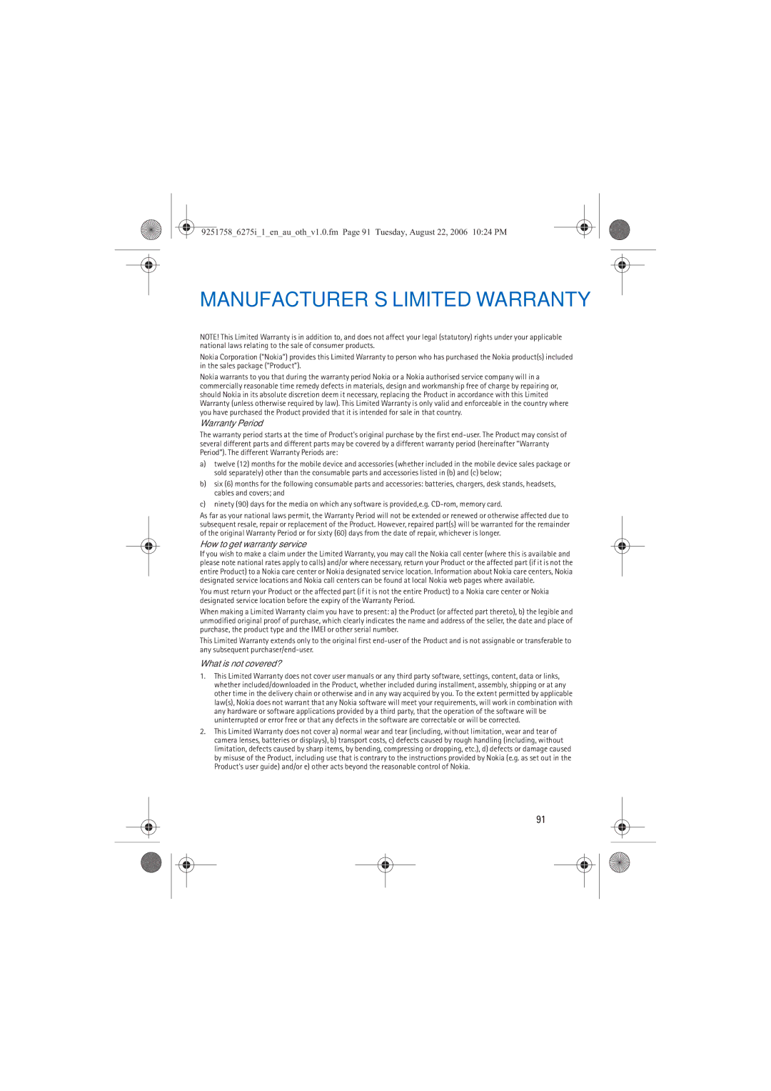 Panasonic 6275I manual MANUFACTURER’S Limited Warranty 