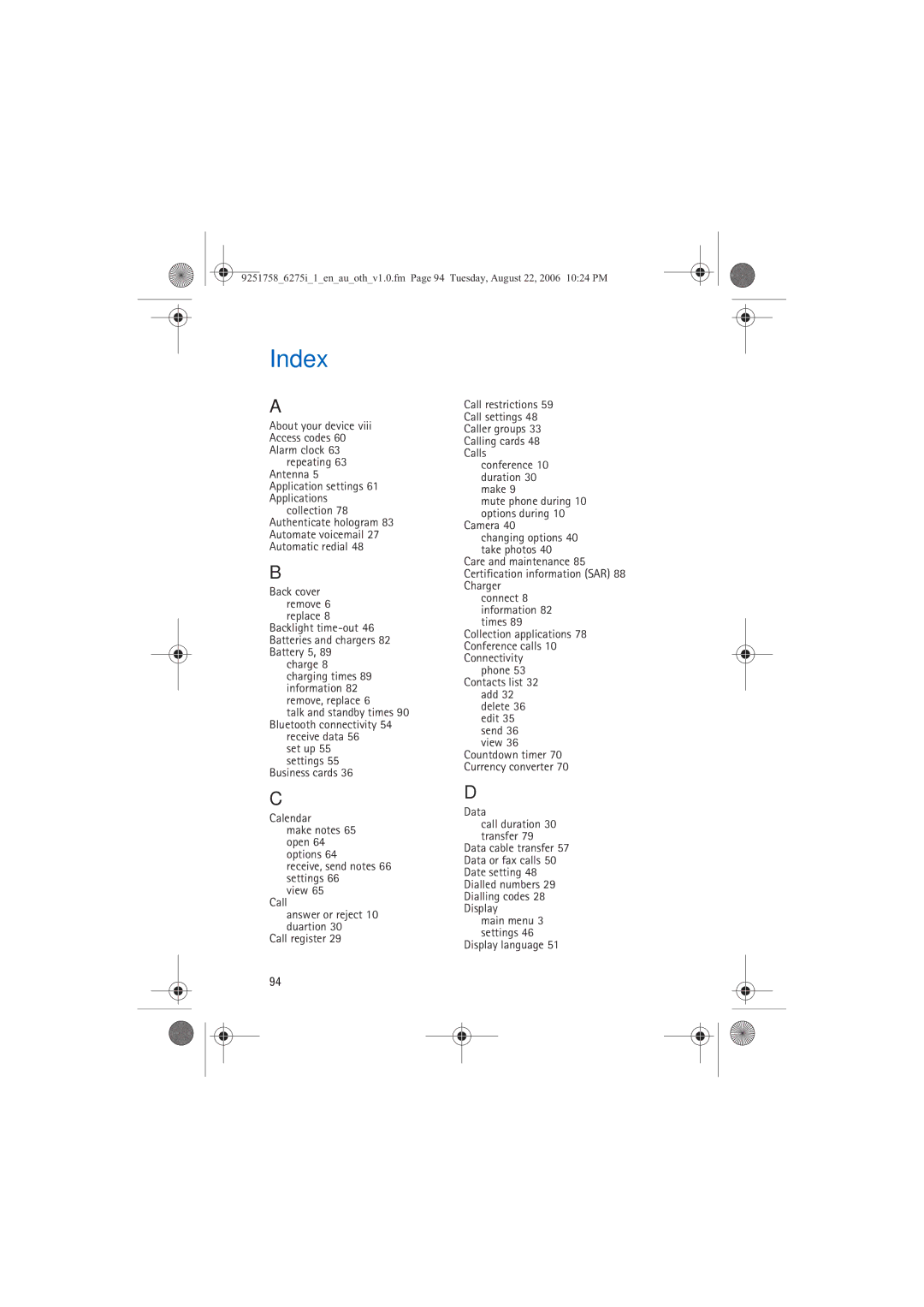 Panasonic 6275I manual Index, Backlight time-out 46 Batteries and chargers 82 Battery 5 