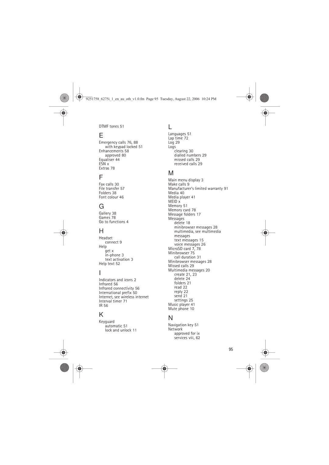 Panasonic 6275I manual Dtmf tones, Navigation key 51 Network 