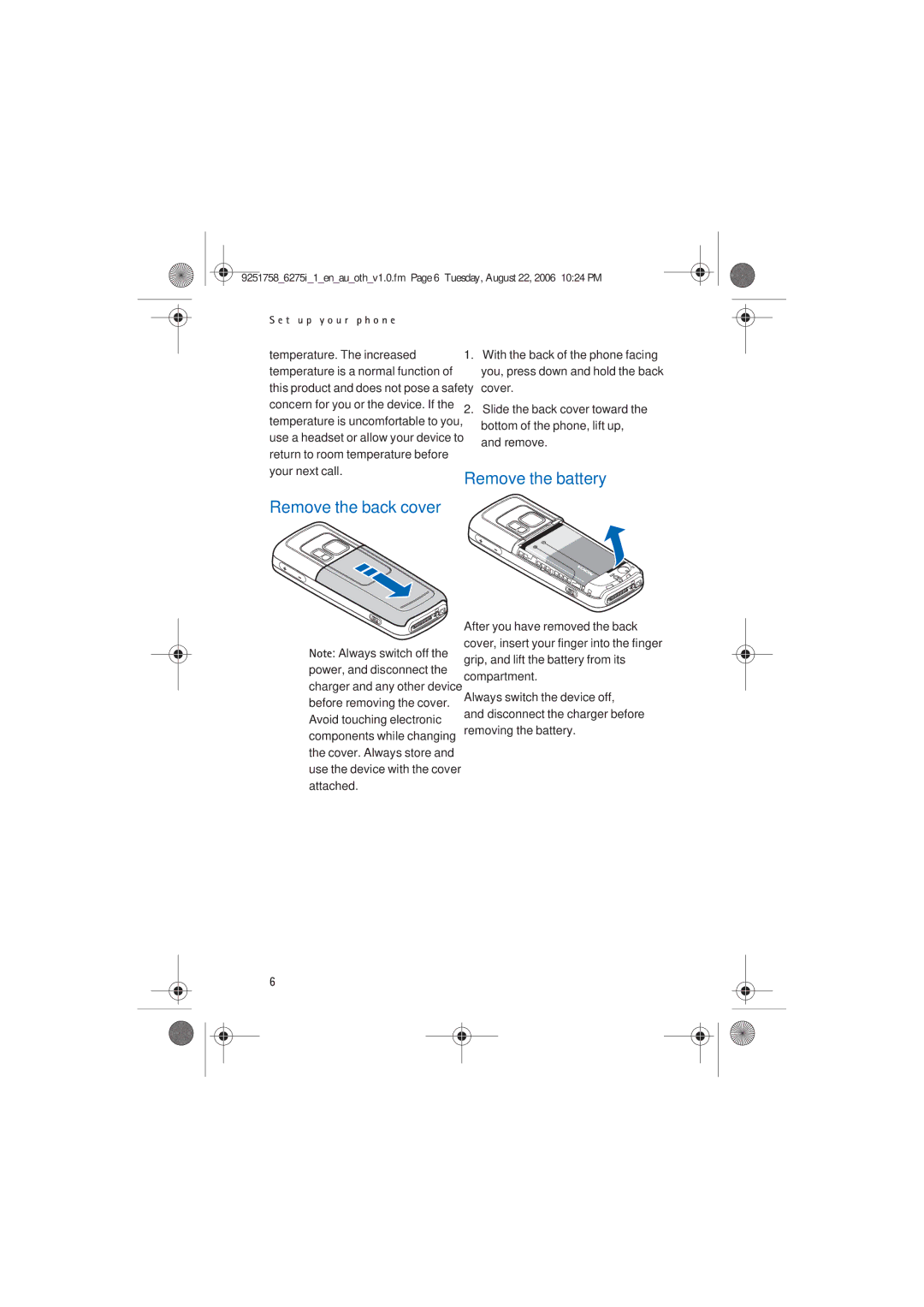 Panasonic 6275I manual Remove the back cover, Remove the battery 